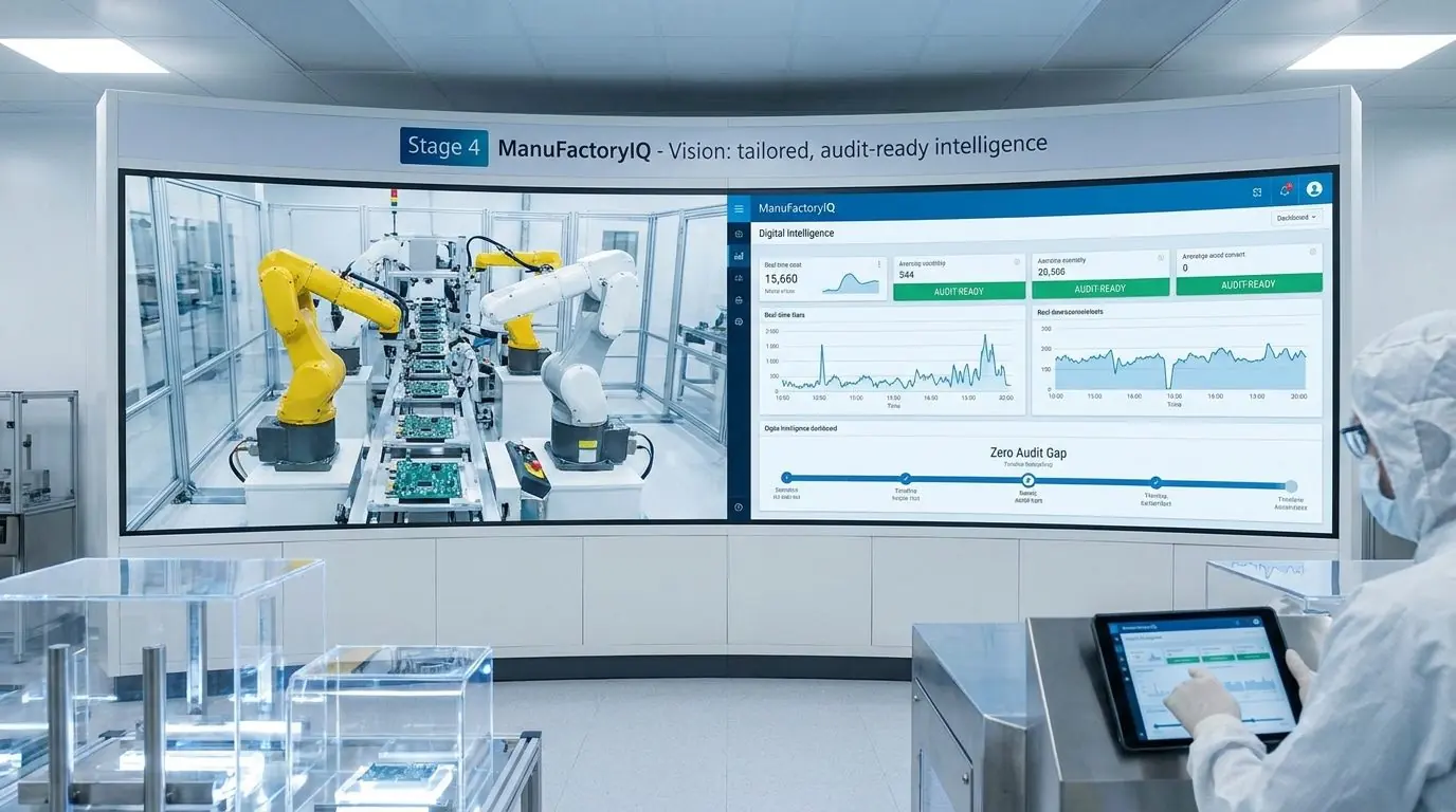 Cleanroom with a curved wall display showing robotic PCB assembly beside an audit-ready intelligence dashboard, and a technician in a cleanroom suit using a tablet