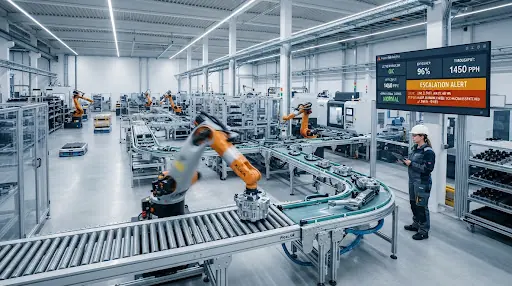Automated industrial cell with workflow alerts and escalation