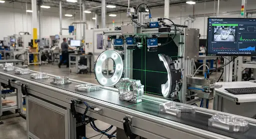 Automated inspection conveyor line with machine-vision cameras