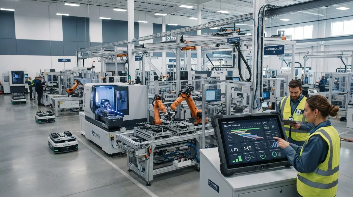 Clean, modern smart factory floor with connected production lines