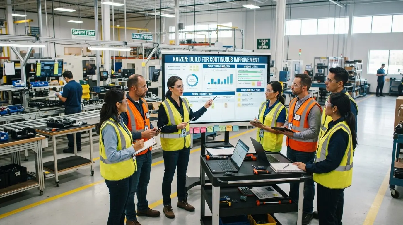 Improvement team in high-visibility vests standing around a shop-floor board, reviewing cycle-time and action items together