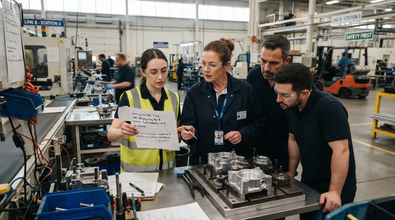Cross-functional team at a machining line reviewing a checklist and machined housings on an inspection fixture