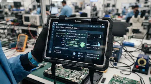 Digital compliance audit trail on a rugged tablet at an electronics assembly line