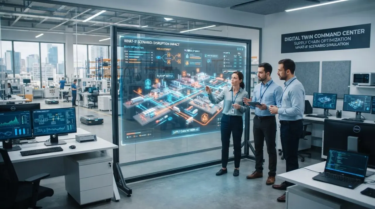 Digital twin of a smart factory shown on a control-room display