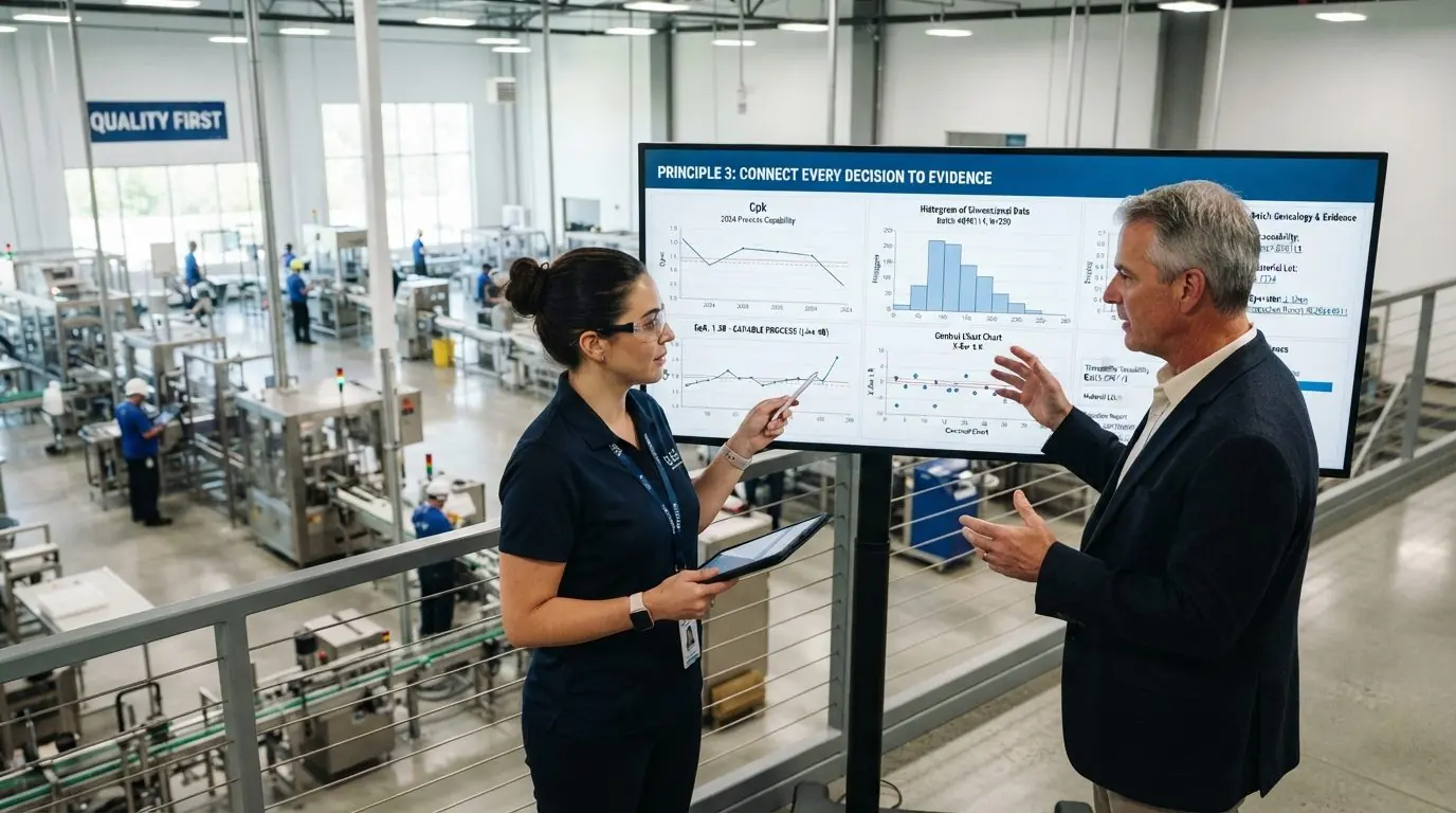 Quality engineer and plant manager reviewing capability charts and lot genealogy on a shop-floor dashboard screen