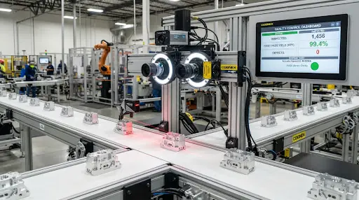 Machine-vision quality inspection station on a production line