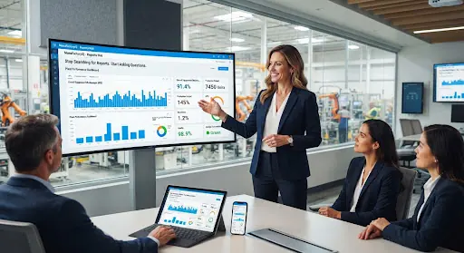 Operations reporting room with live plant dashboards