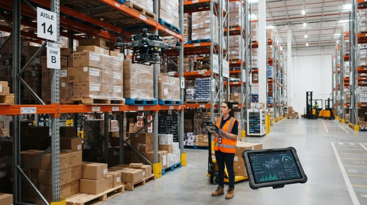 Warehouse operator scanning a pallet label with a handheld terminal