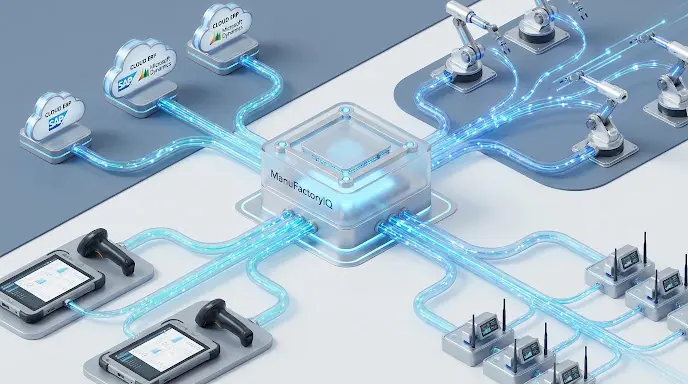 ManuFactoryIQ integration layer connecting shop-floor machines, operators and ERP systems