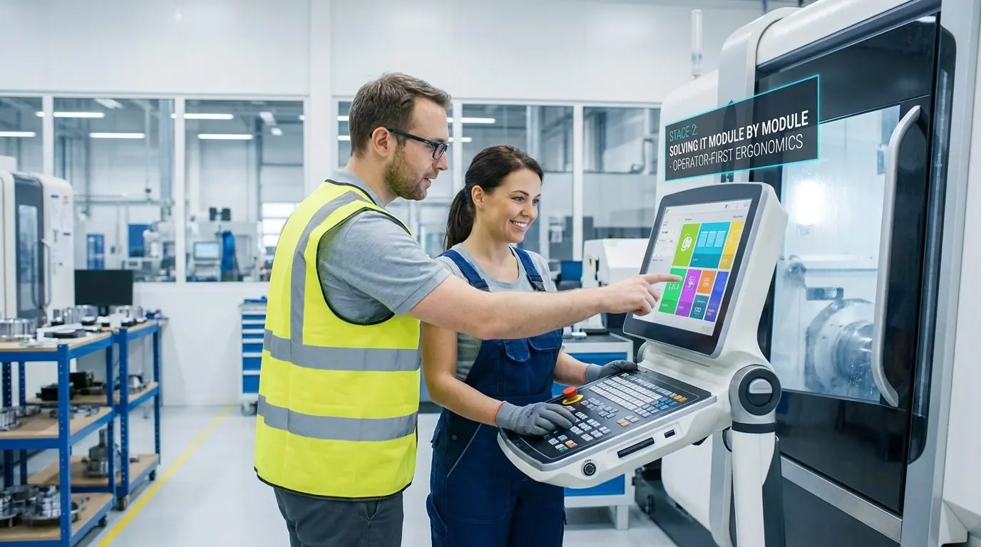 Supervisor in a high-visibility vest guiding a machine operator through a simple touchscreen application on a CNC machine terminal