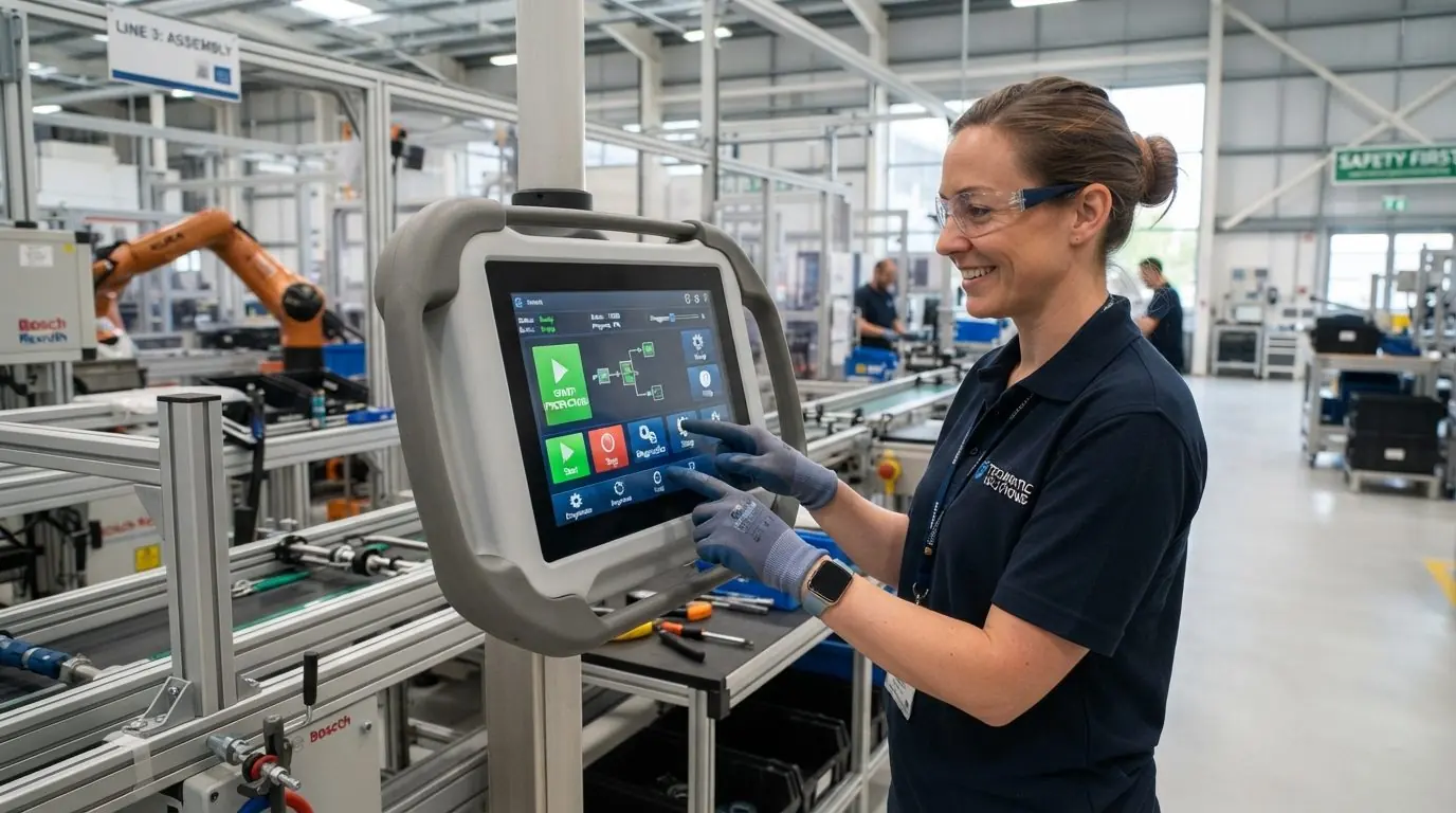 Operator in safety glasses and gloves confirming a step on a guided workstation terminal at an assembly line