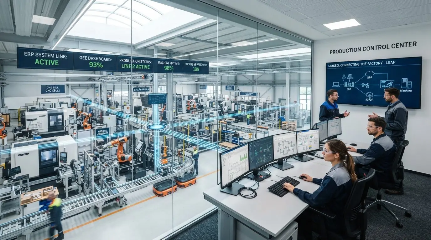 Production control center overlooking a connected machining floor, with engineers at monitors and a wall screen linking ERP, machines and operators