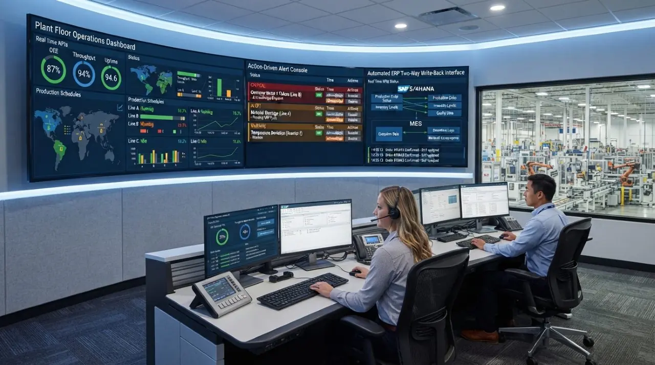 Shop-floor terminal syncing production data with the ERP in real time