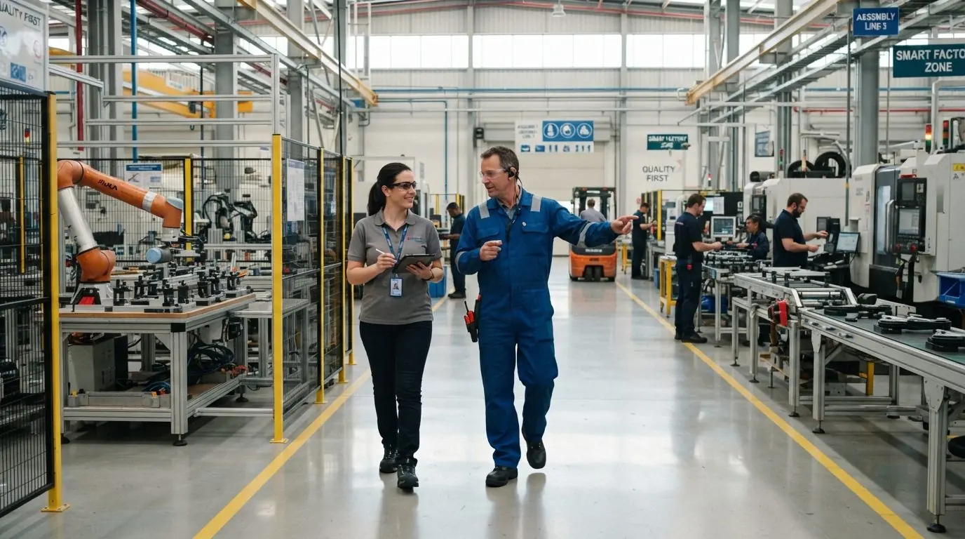 Process engineer with a tablet walking an assembly line with the line supervisor, reviewing the process in place